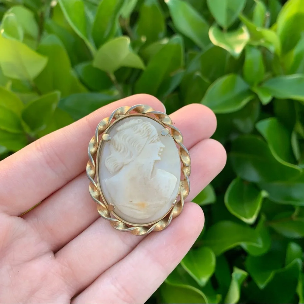 Vintage Cameo Brooch Carved Shell Gold Metal - Picture 1 of 6